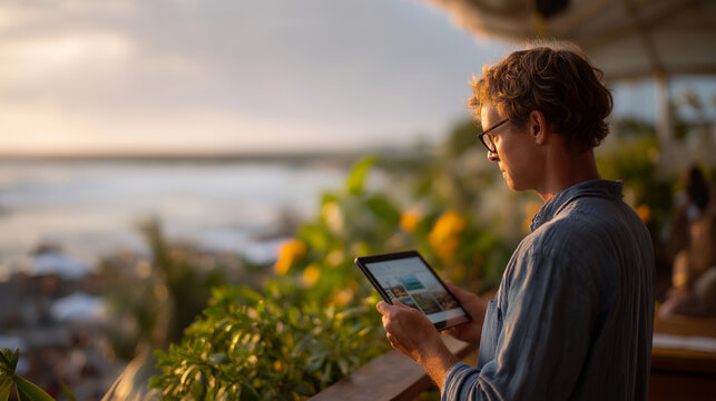 Millennial frantically books beachside bungalow on tablet while stuck in rainy commute, tropical destination research open, escape mentality driving impulse decision, perfect for last minute