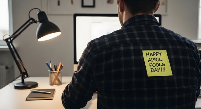 Office worker with a yellow happy april fools day sticky note prank attached to his back while working at his computer desk