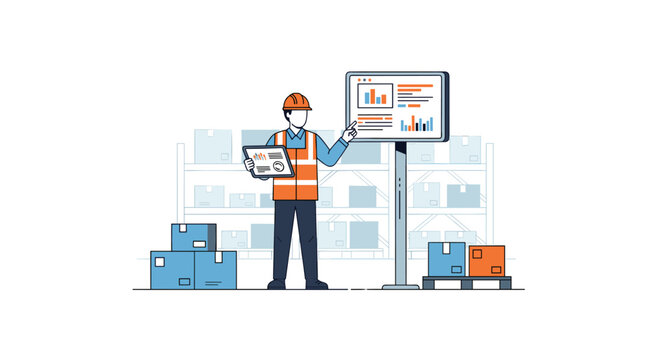 A male warehouse worker in an orange vest points at a large data screen while holding a tablet in a storage facility.