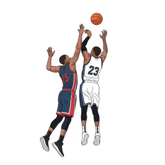 Naklejka premium Basketball players jumping for ball during game, intense jump ball action
