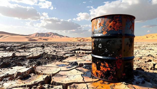 Barril viejo de petr&oacute;leo en paisaje des&eacute;rtico, concepto de crisis ambiental, cambio clim&aacute;tico, sequ&iacute;a extrema, vertido contaminante, y degradaci&oacute;n ecol&oacute;gica por combustibles f&oacute;sil