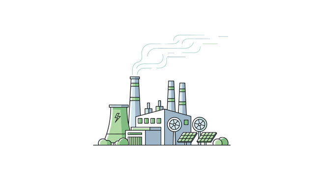 An illustrated power plant with multiple energy sources emits light green smoke against a clean white background.