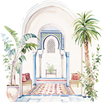 Watercolor moorish courtyard arch with tropical plants