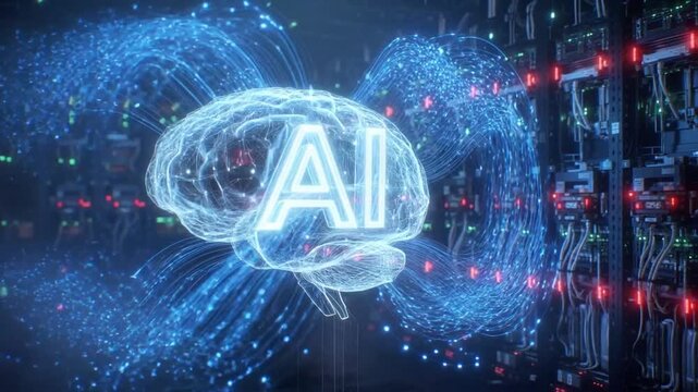Artificial intelligence digital brain neon light data stream server room deep learning neural network technology cyber glow innovation machine learning network future glowing energy concept