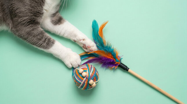 Gray and White Cat Playing with Feather Toy and Yarn Ball  