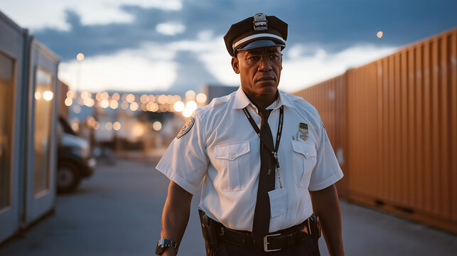 Elderly port security officer's final patrol at twilight, single flashlight beam illuminating container numbers, decades of experience visible in confident stride, perfect for maritime protection