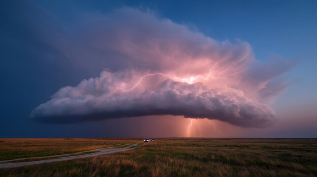 Tornado tourism van convoy follows supercell across Oklahoma plains at twilight, rotating wall cloud illuminated by lightning, meteorology students documenting rare formation, ideal for storm