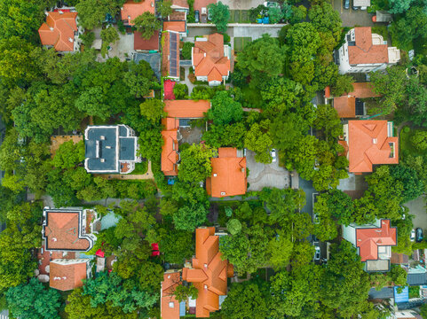 Aerial View of Residential Neighborhood in Qingdao with Red Roofs