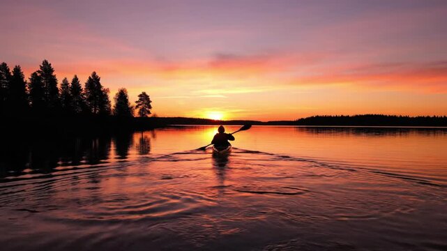 Kayaker silhouetted on lake at sunset water ripples trees on shore