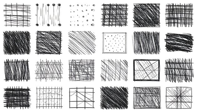 Ink-drawn squares showcasing diverse textures crosshatching, dots, scribbles