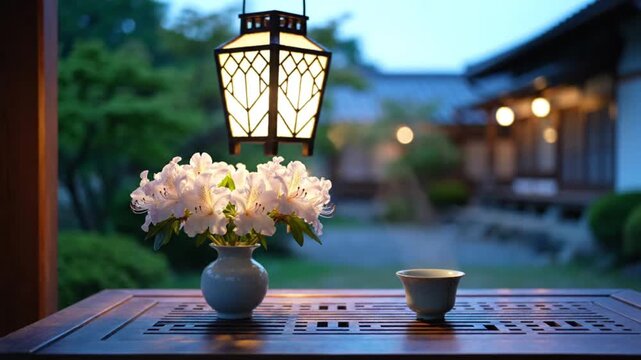 Lit lantern above flowers  tea cup on ornate wooden table near blurry building  foliage