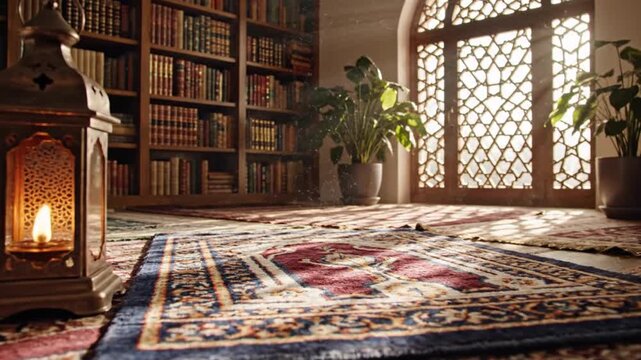 Lit lantern on rug by bookcase framed by patterned window in sunlit room