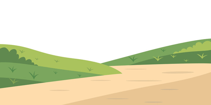 Green Hills Landscape with Dirt Path and Wildflowers Nature Background Illustration