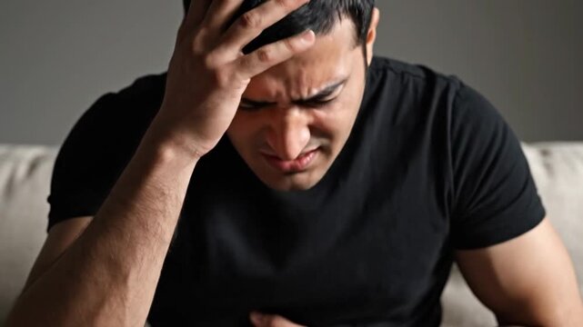 Man in pain hand on head grimacing wearing black tshirt on couch