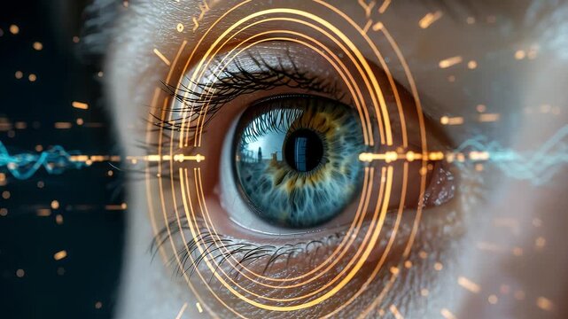 Closeup of human eye with futuristic digital interface and glowing circuit patterns