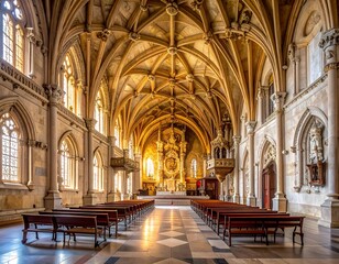 Fototapeta premium Interior church shot. Light streams through arched windows and carved details