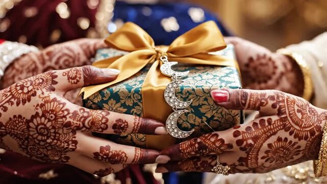 Hands with mehndi holding a festive gift box with crescent charm