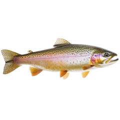 Obraz premium Rainbow trout swimming in a clear lake during a sunny afternoon in early summer with green grass and smooth rocks around the shoreline