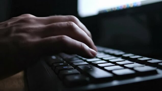 Close-up of hands typing on keyboard. Person works late at night on computer. Focus on productivity and concentration in modern workspace. Create effective digital content.
