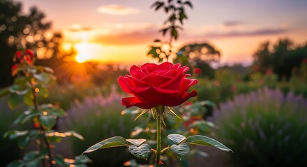 Obraz premium Vibrant Red Rose in Full Bloom at Sunrise Garden, Symbol of Love, Passion, Natural Beauty, and Floral Elegance