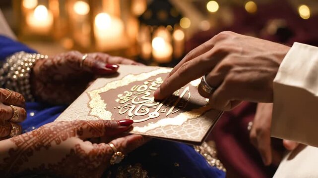 Hands with mehndi holding wedding invitation card at festive event