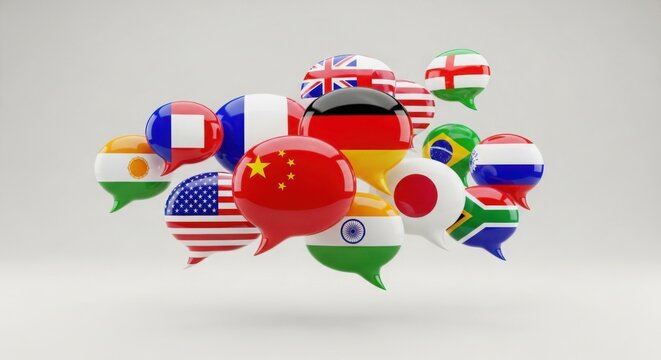 Global Communication Flags In Speech Bubbles Representing Languages