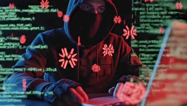 Hacker working on laptop with coding algorithms. Cybersecurity expert analyzes data for vulnerabilities. Dark atmosphere enhances tension and intrigue.
