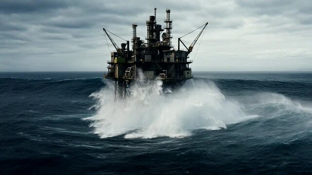 Offshore oil platform stands against massive storm waves under a dramatic cloudy sky in open sea.