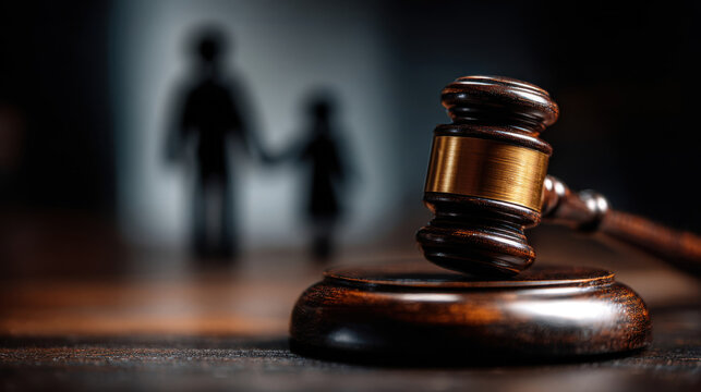 Courtroom scene with a gavel and figures of a parent and child in the background holding hands at a hearing about custody or family matters