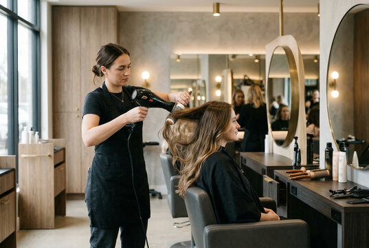 Hairdresser styling young woman's hair with blow dryer and brush in modern beauty salon