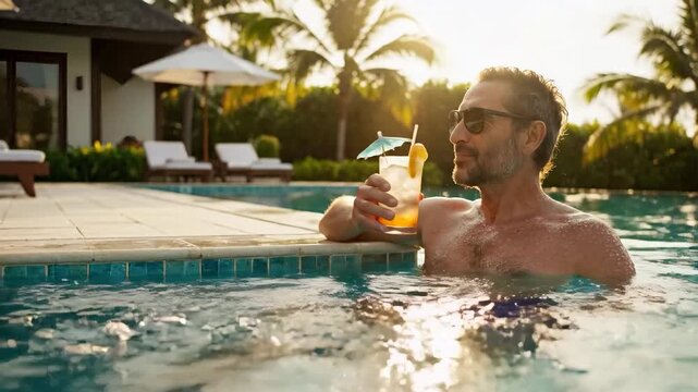 Man lounging in a swimming pool holding a refreshing cocktail. Happy adult enjoying a luxury summer vacation at a tropical resort. Golden hour relaxation