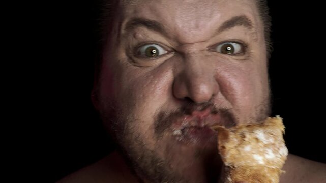 A funny fat man overeats tasty and unhealthy food.