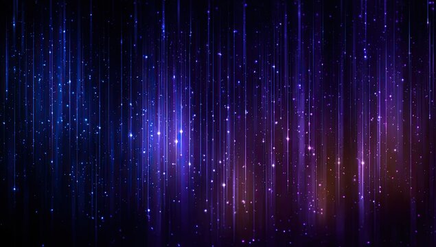 Abstract Digital Rain of Blue and Purple Lights with Bokeh Effects.