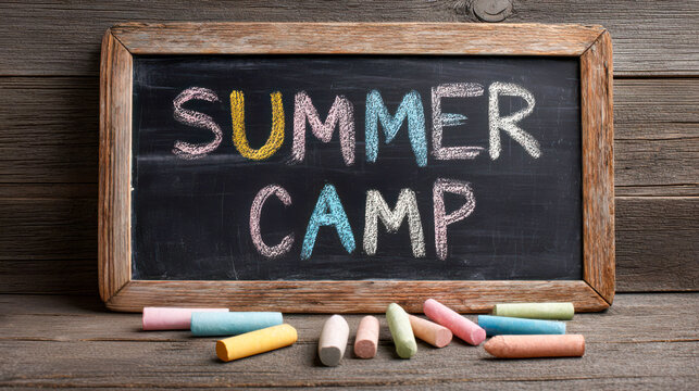 Sign showing summer camp information created with colorful chalk on a wooden chalkboard in a rustic setting during daylight hours