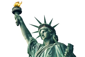 Fototapeta premium Teal Green Patina Statue of Liberty Holding Gold Torch Against Clear Sky