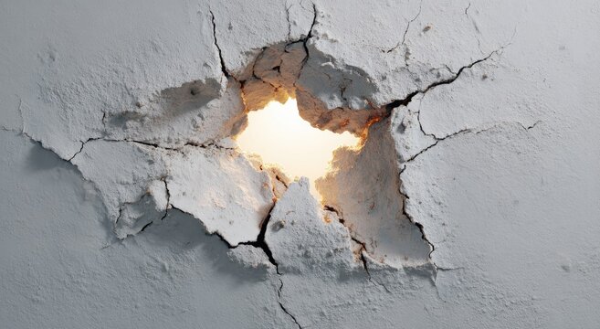 Close-up of a cracked ceiling with light shining through the hole.