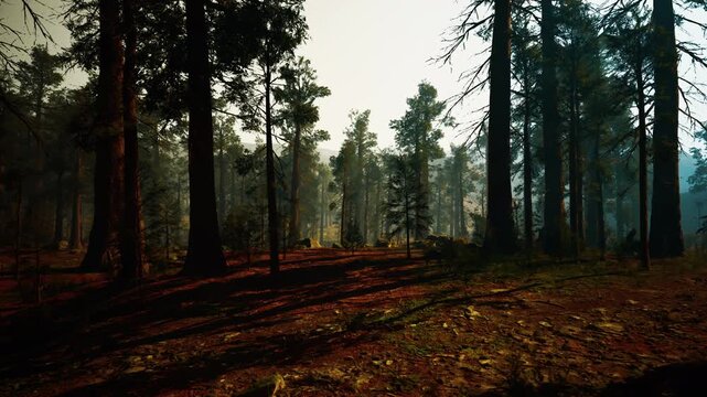 Sunlit pine forest with long shadows, goldenhour light filtering through tall conifer trunks, mosscovered floor dotted with ferns and fallen leaves, thin
