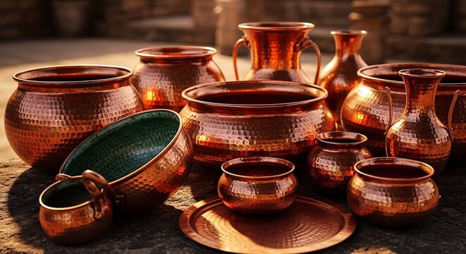 A collection of traditional hammered copper kitchenware arranged beautifully on a rustic stone surface under natural light illustration