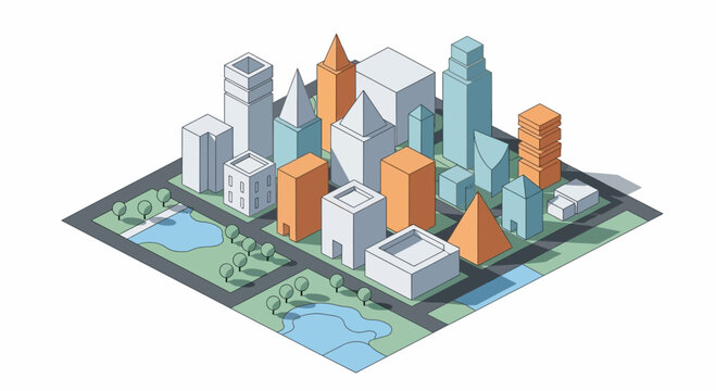 Isometric Cityscape Illustration: Modern Buildings, Parks, and Roads
