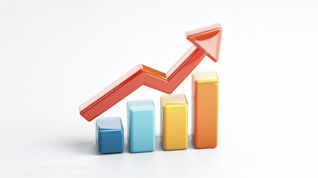 Rising red arrow over colorful bar chart indicating financial growth, economic success, and positive business trends in a stylized 3D render
