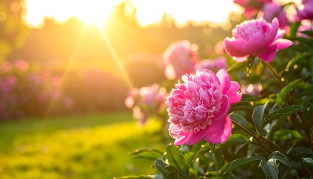 Close-up of vibrant pink blooms bathed in warm sunlight, with a lush green lawn blurred in background. A sunny, outdoor scene