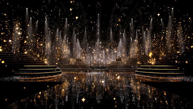 Grand Stage with Golden Lights and Reflective Floor.