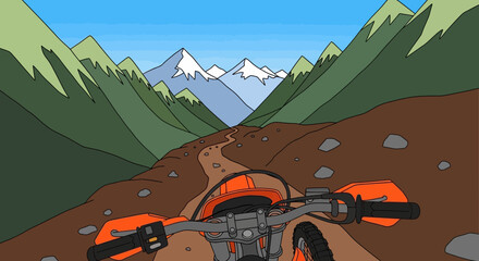 Riding dirt bike on mountain trail, POV, adventure travel, extreme sports © Kadal