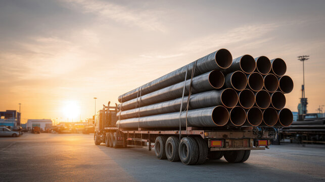 Stack of large industrial steel pipes on truck at sunset in a construction site