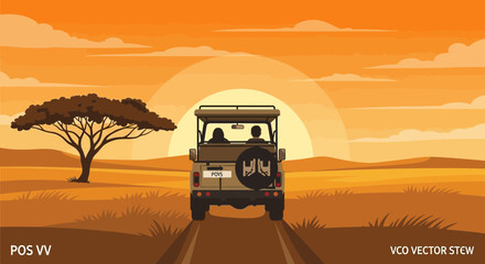Safari Jeep at Sunset, African Savanna Landscape, Wildlife Adventure © Kadal