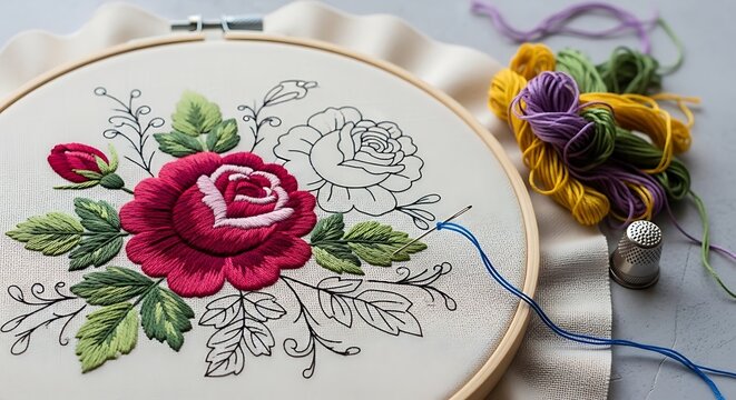 A close up view of a beautiful rose embroidery project in a wooden hoop with colorful threads and a metal thimble on the side illustration