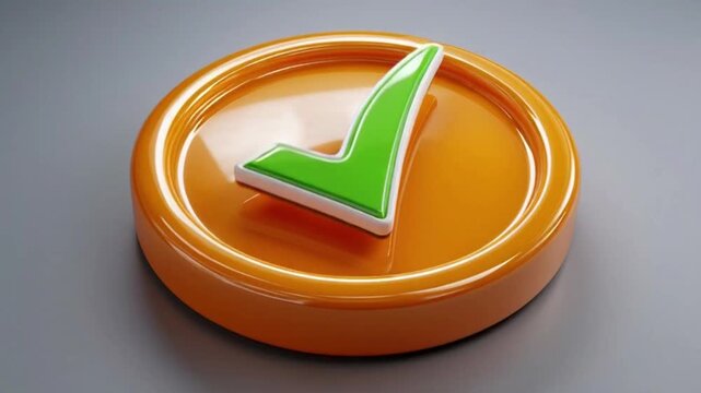 A 3D rendered image of a bright green checkmark on a shiny orange circular button, symbolizing approval and success