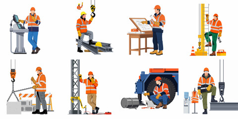 Naklejka premium Set of construction workers and industrial professionals in various safety roles, including engineers, crane operators, and site inspectors, isolated on white background.