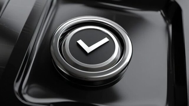 A metallic circular button with a checkmark inside, symbolizing success, confirmation, and completion of a task or approval