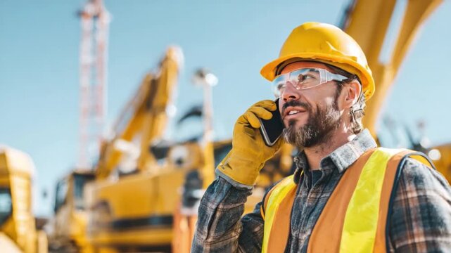Construction Communicator: A focused construction worker, adorned in essential safety gear, engages in a phone conversation amidst an active construction site.